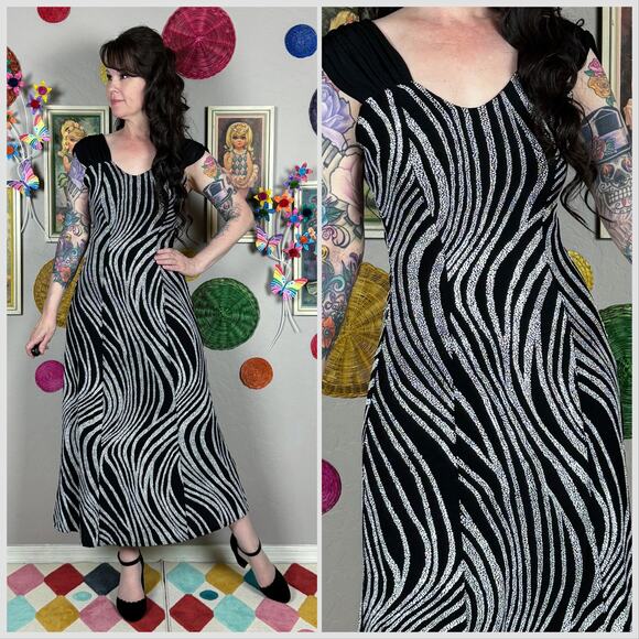 Vintage 1990s Abstract Zebra Print Slinky Midi Dress - Picture 1 of 7